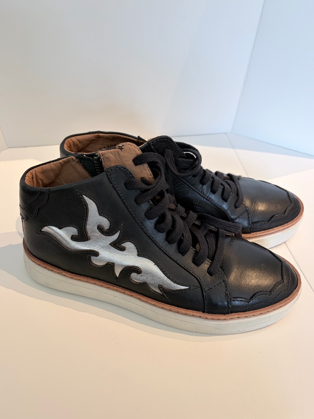 Lucchese Black Leather High-Top Sneakers with Silver Flame Accent